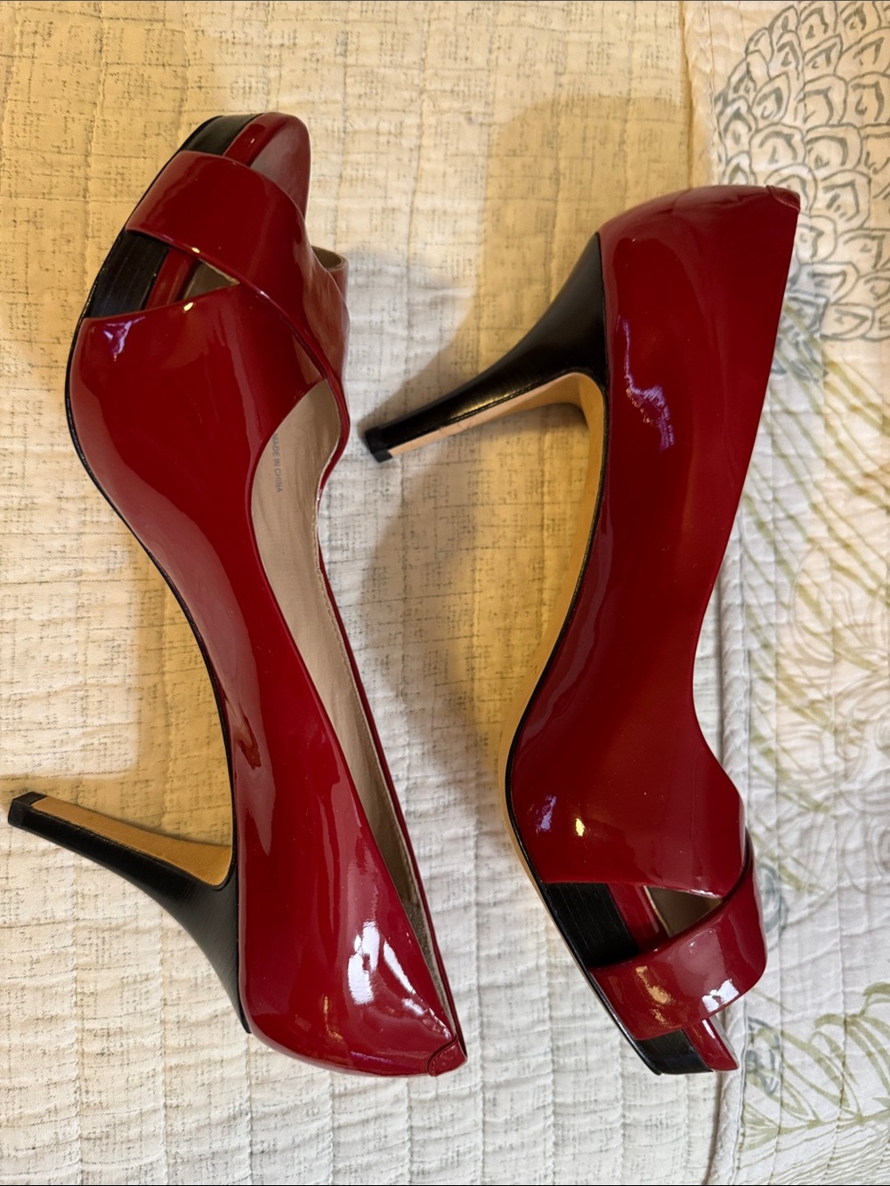 Bandolino Deep Red Patent Peep-Toe Platform Stiletto Heels with Crossover Front